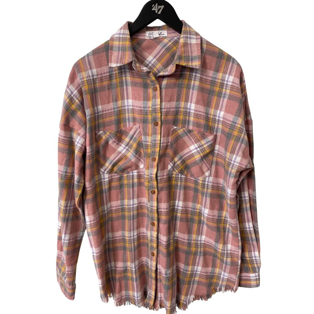 Purple Lava Shirt Size Medium Plaid Button Front Long Sleeve Pink Yellow Western